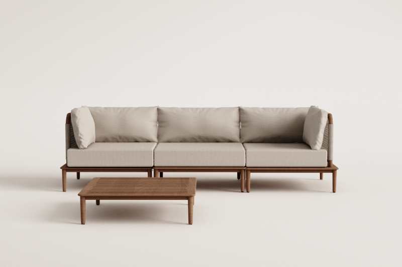 3-piece modular sofa living room set, 2 corner armchairs and acacia coffee table Giulia