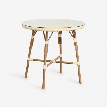 Round Kitchen Table Ø80 Cm In Aluminum And Synthetic Rattan Brielle Bistro Beige Cream - Sklum
