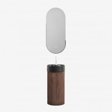 Bathroom Furniture Set In Wood With Integrated Ceramic Washbasin Maude Dark Brown Wood & Oval Led And Antifog Black 45x105 Cm Vacson & White - Sklum
