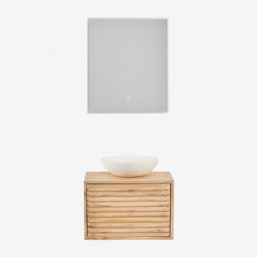 Deleyna Suspended Wooden Bathroom Furniture Set Natural Wood & Round Cement White Ø40 Cm Zavion & Rectangular Led And Anti Fog 60x70 Cm Riben - Sklum