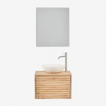 Suspended Bathroom Furniture Set In Wood Deleyna Natural Wood & Round Cement White Ø40 Cm Zavion & Rectangular Led And Anti Fog 60x70 Cm Tamsin -
