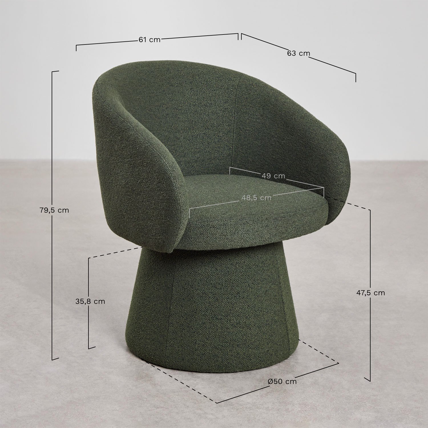 Pack of 2 Flavian upholstered swivel dining chairs with armrests, medidas