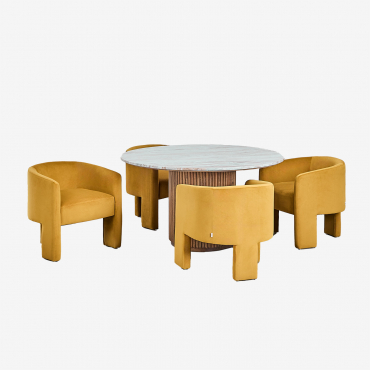 Set Of Round Table In Marble And Mango Wood (ø120 Cm) Giselda And 4 Dining Chairs In Xastru Velvet Marble - Sklum