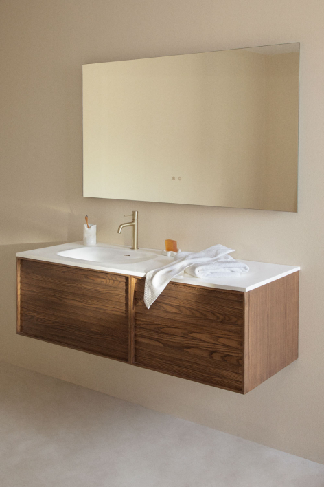 Suspended bathroom furniture set 140x50 cm in wood with integrated Solea sink - Brown Ash