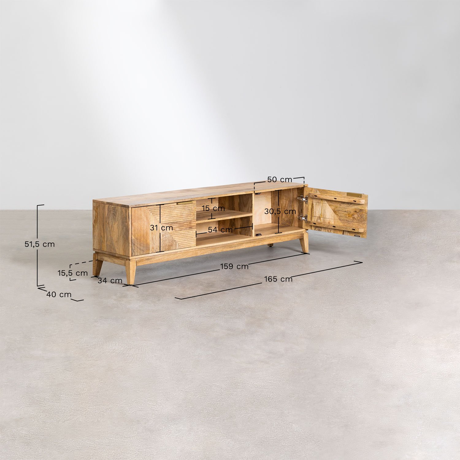 Baty Design mango wood TV cabinet 165x40 cm, medidas