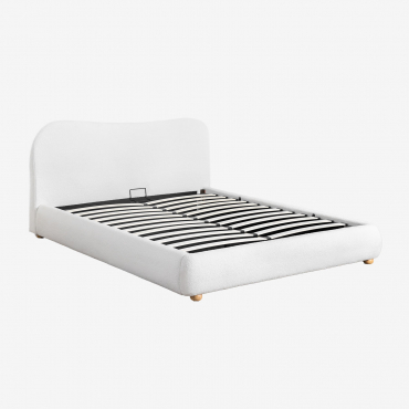 Winselet Upholstered Bed With Lift-up Storage Base Chenille Ivory White & 160 X 200 Cm - Sklum