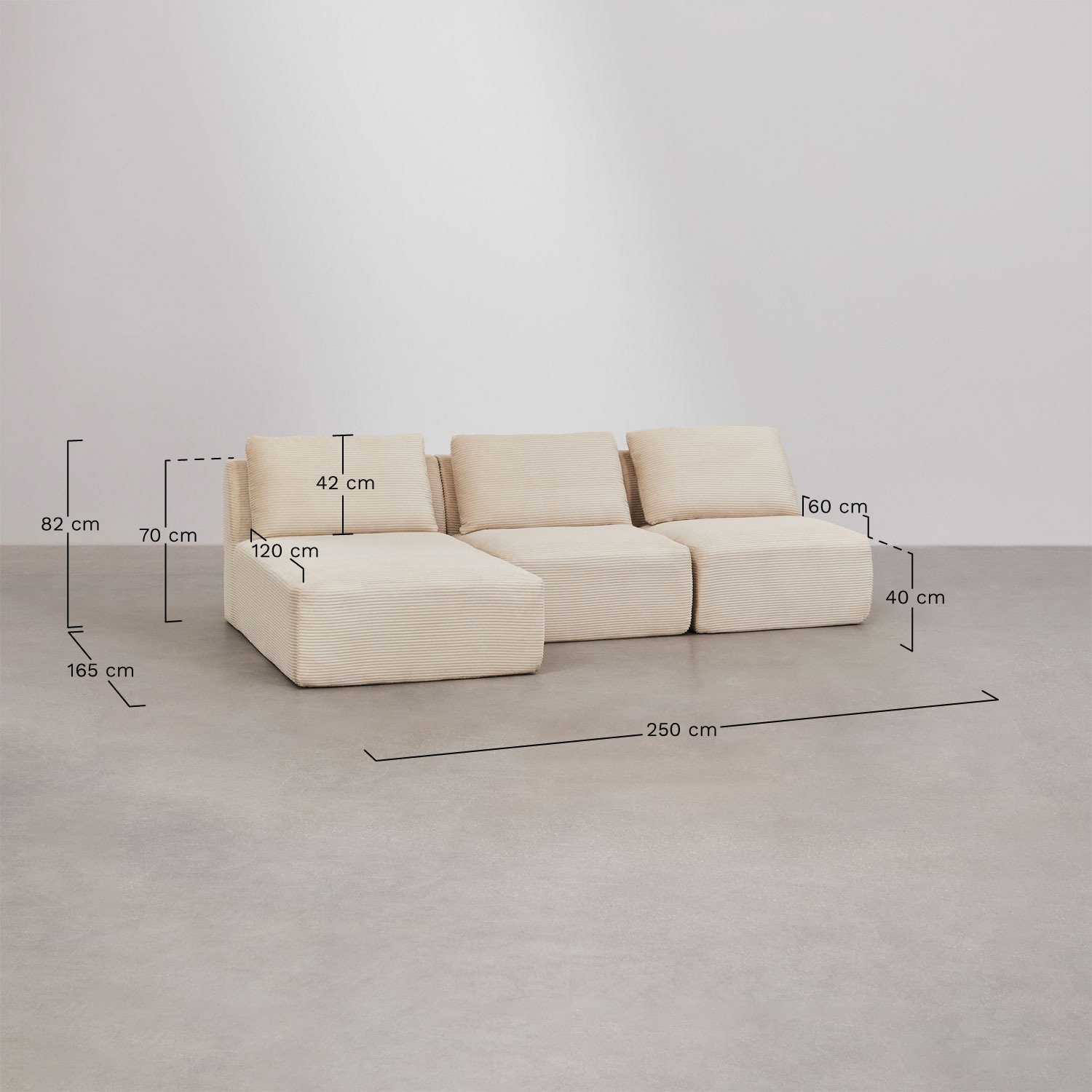 Left 3-piece modular chaise longue sofa in vacuum-packed velvet Temple, medidas