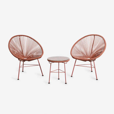 Garden Set With 2 Armchairs And Side Table In Steel And Synthetic Wicker New Acapulco Red Roof Tile - Sklum