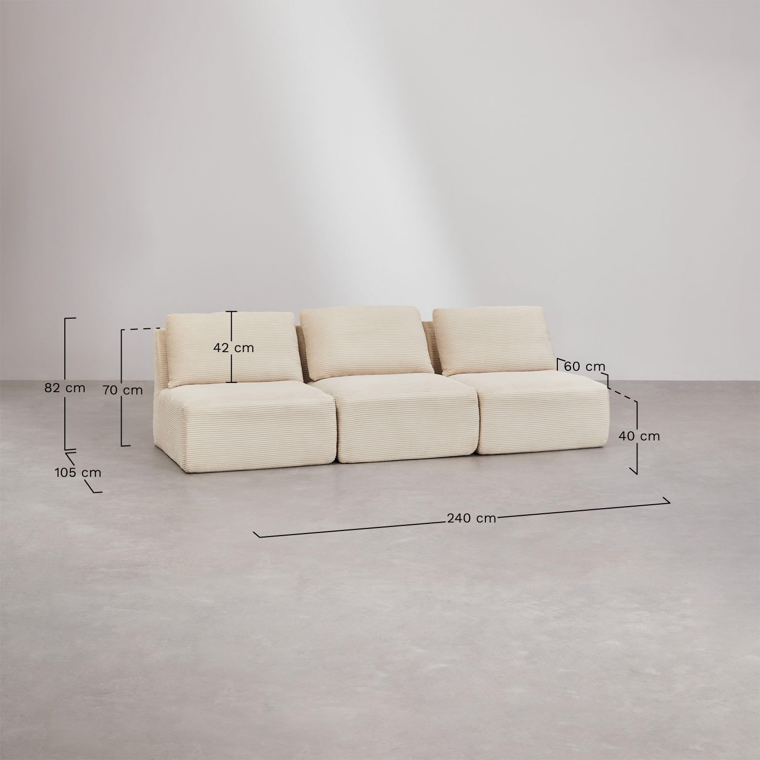 3-piece modular sofa in vacuum-packed velvet Temple, medidas