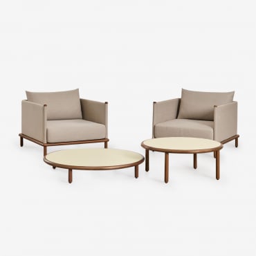 Living Room Set With 2 Armchairs And 2 Round Acacia Wood Coffee Tables Olivia Beige Semoline & Dark Acacia Brown - Sklum