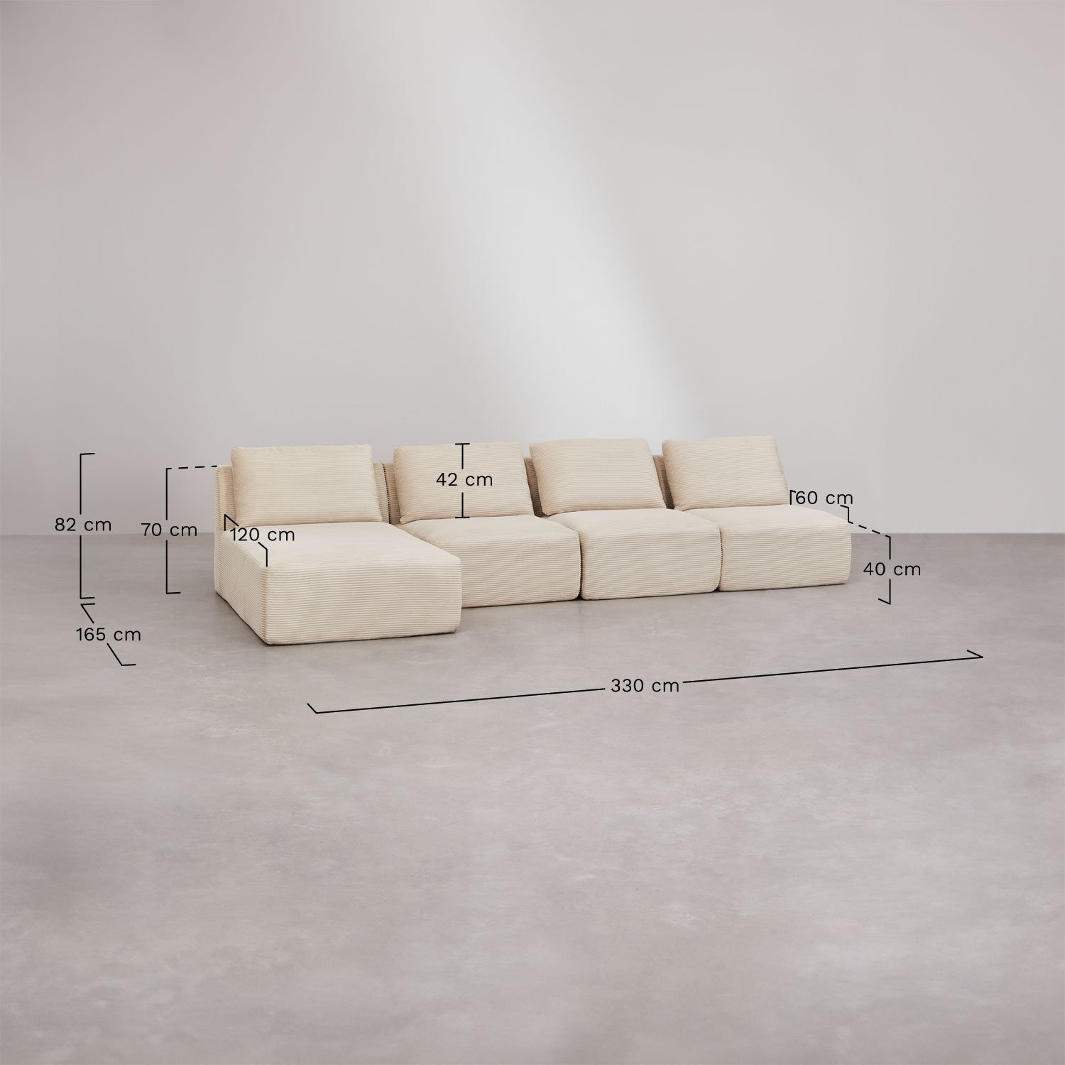 Left 4-piece modular chaise longue sofa in vacuum-packed velvet Temple, medidas