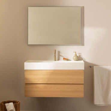 Bathroom Furniture Set In Wood And Ash Veneer With Integrated Ona Washbasin Natural Wood & Rectangular Led And Anti-fog 100x70 Cm Tamsin & - Sklum