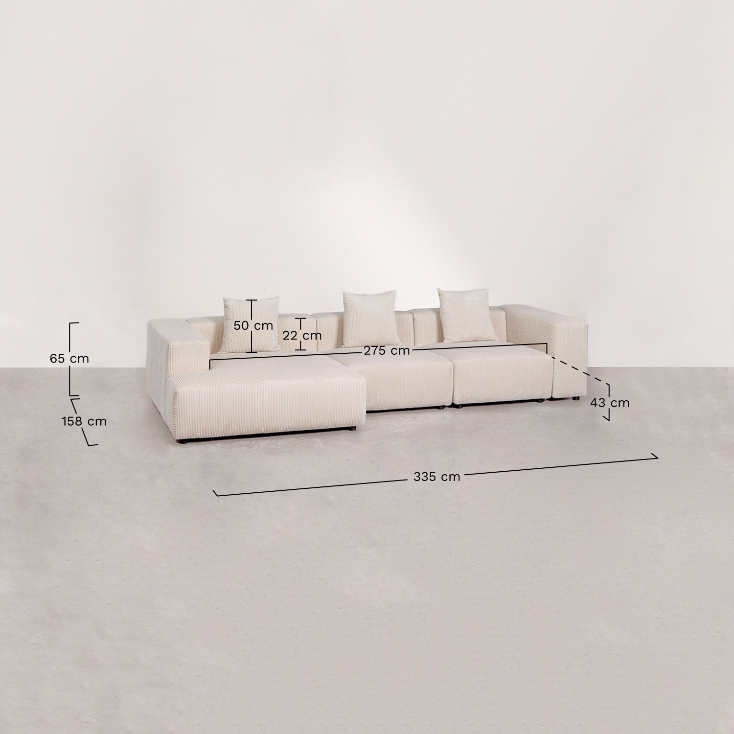 3-piece left chaise longue modular sofa ↔︎335 cm with high armrest Bruna, medidas