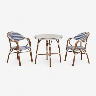 Brielle Bistro Set Of 80 Cm Round Table And 2 Stackable Aluminum Garden Chairs With Armrests Ken Blue - Gardenia White - Sklum