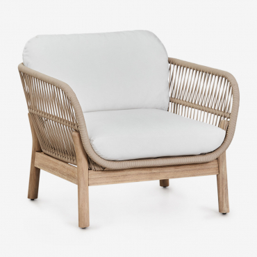 Karvia Garden Armchair In Acacia Wood And Braided Rope Light Brown Acacia & Fabric White - Sklum