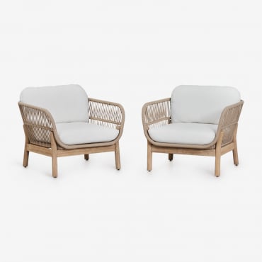 Pack Of 2 Karvia Garden Chairs In Aluminium And Acacia Wood Fabric Gardenia White - Sklum