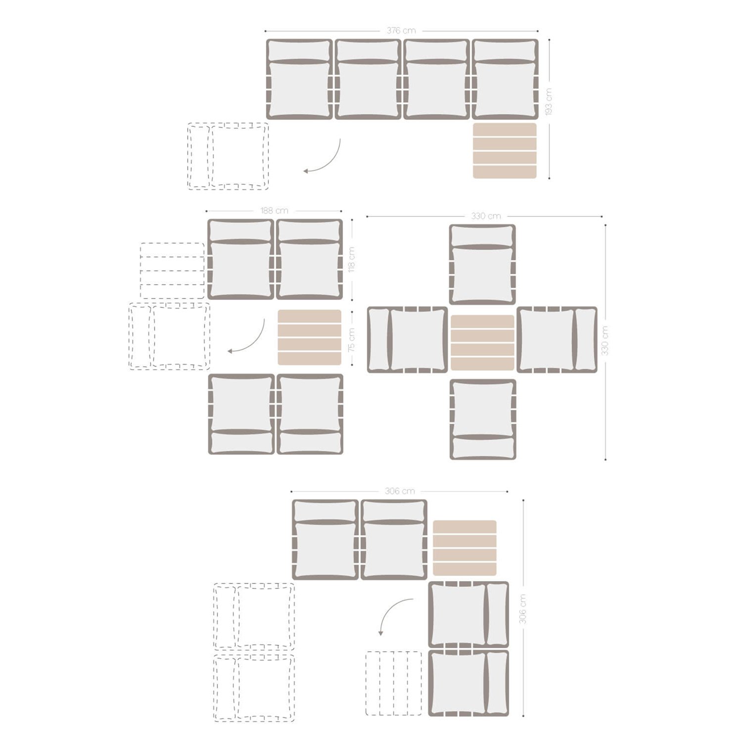 Living room set with 4-piece modular reclining sofa and coffee table in Brina acacia wood, medidas