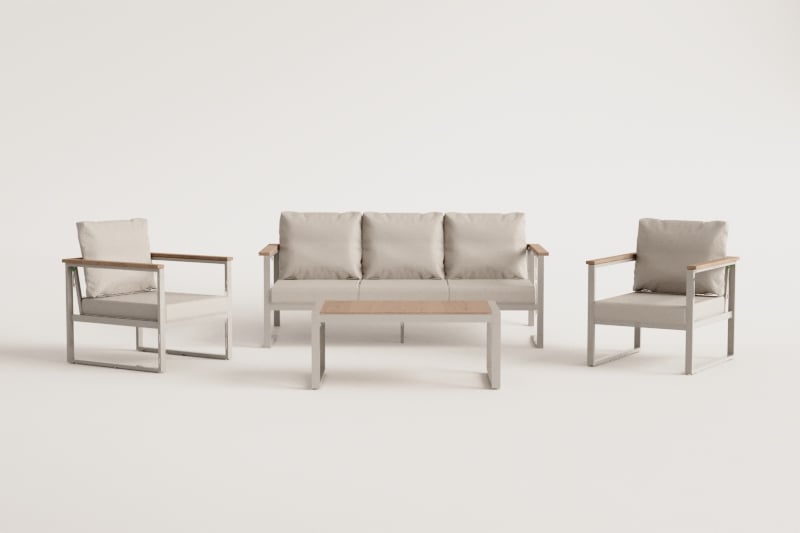 Garden set with 3-seater sofa, 2 armchairs and coffee table in aluminium and acacia wood Lipov