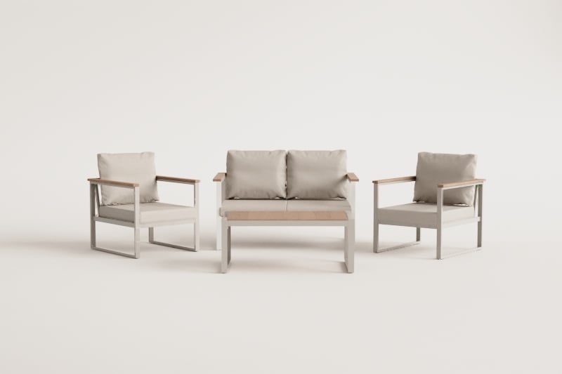 Garden set with 2-seater sofa, 2 armchairs and coffee table in aluminium and acacia wood Lipov