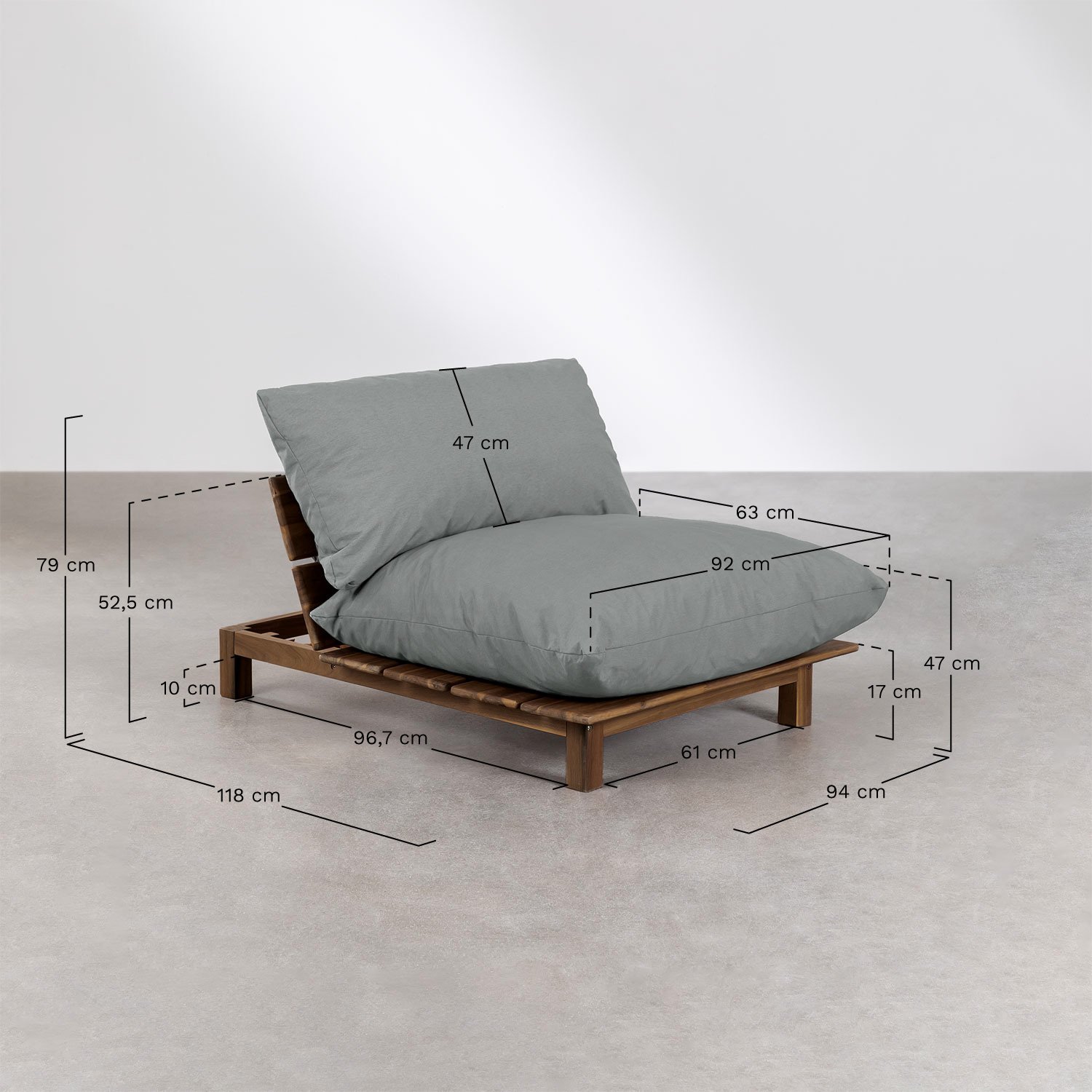 4-piece garden set with reclining modular sofa, coffee table, and pouf in acacia wood Brina, medidas