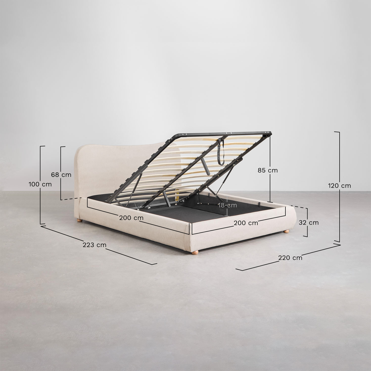 Winselet upholstered bed with lift-up storage base, medidas
