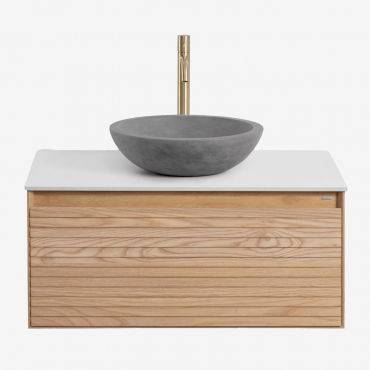 Tedrik Suspended Bathroom Furniture Set In Ash Wood Brown Ash & Round Grey Cement Ø40 Cm Tarsis & Mirrorless & Golden ↑30 Cm With - Sklum