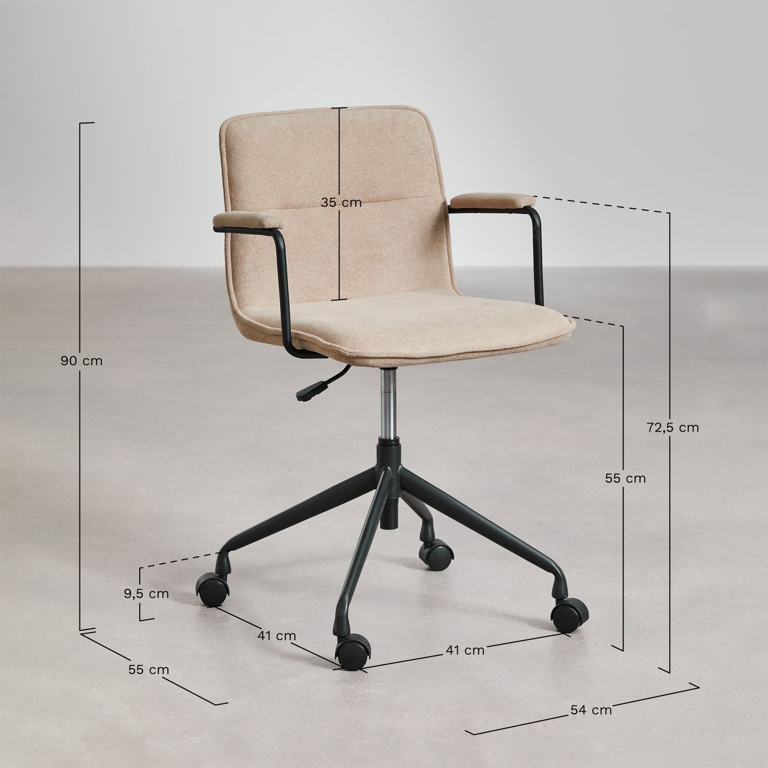 Seifert office chair with wheels and armrests, medidas
