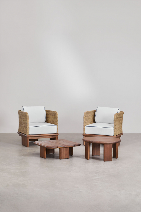 Living room set with 2 armchairs and 2 coffee tables in rattan and Famara acacia wood - Acacia Brown