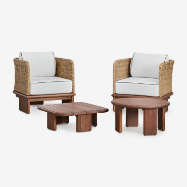 Living Room Set With 2 Armchairs And 2 Coffee Tables In Rattan And Acacia Wood Famara Acacia Brown - Sklum