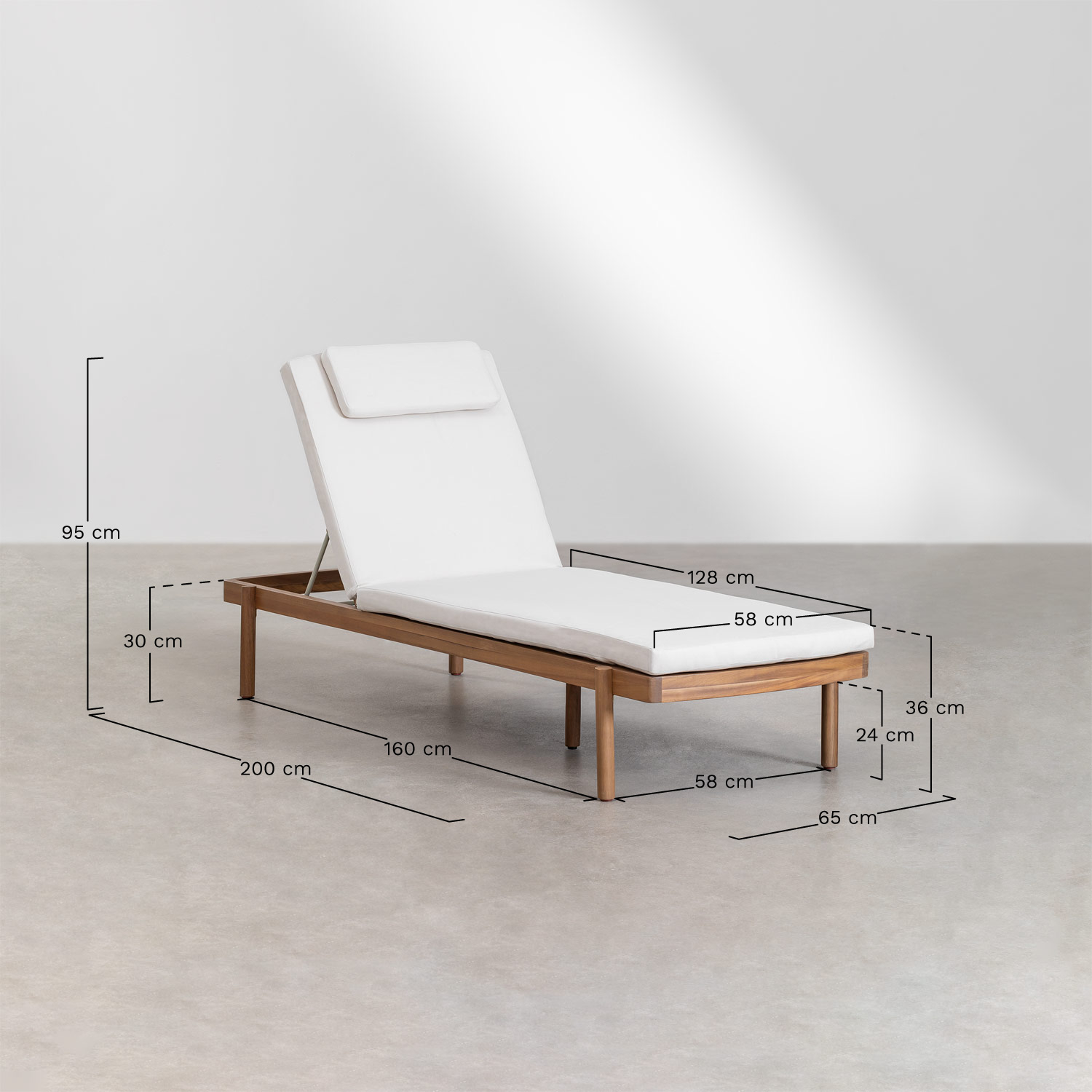 Reclining lounger in acacia wood with Aderyn cushion, medidas