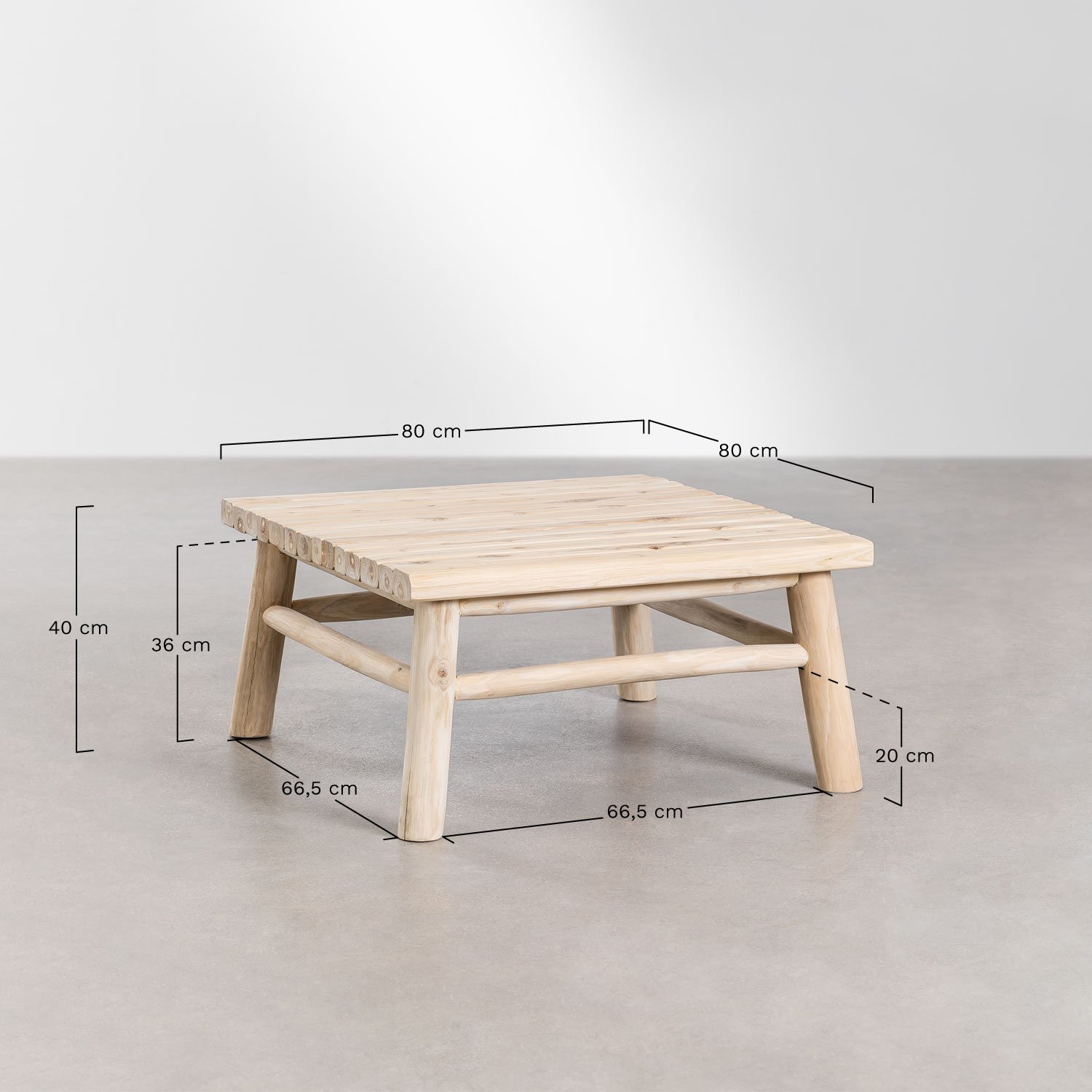 Square garden coffee table 80x80 cm in teak wood Narel, medidas