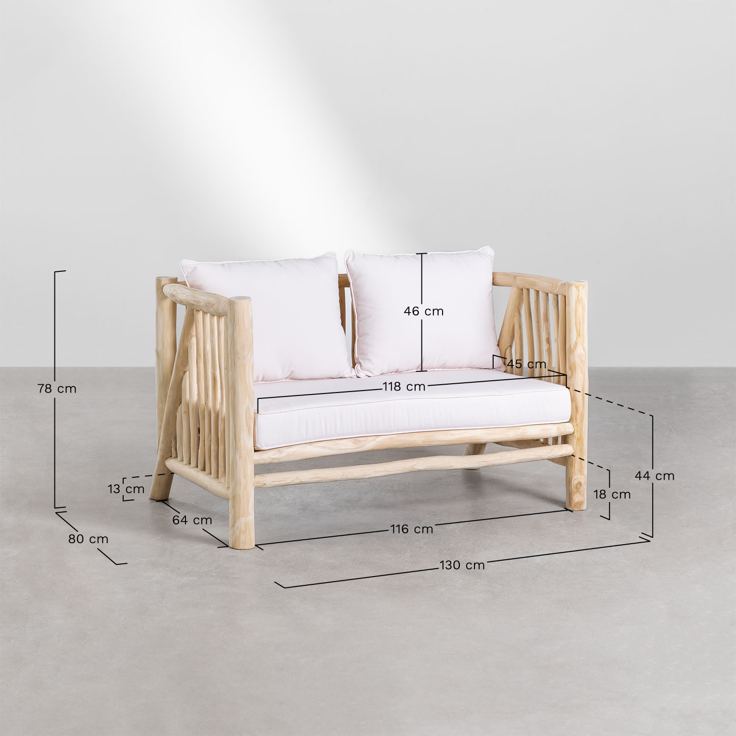 2 Seater Teak Wood Sofa Narel, medidas