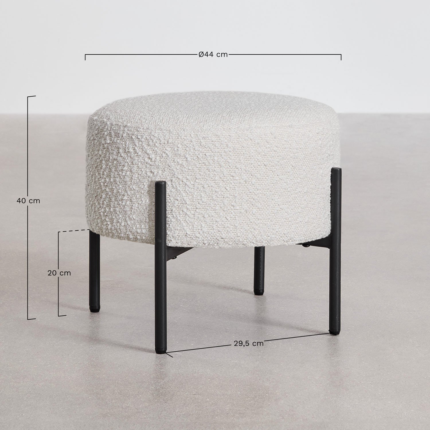 Low stool in bouclé fabric Anisa, medidas