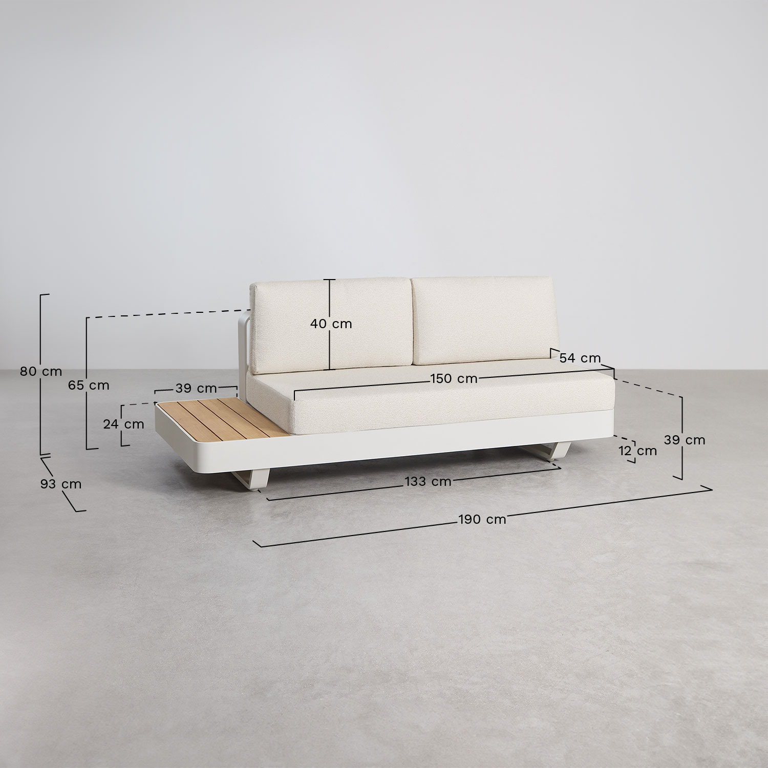 Yarilo modular 2-seater sofa in aluminium with left side table in teak wood, medidas
