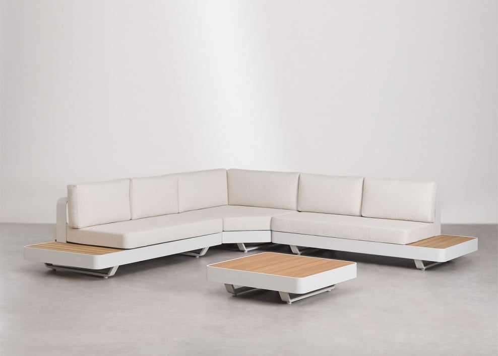 Living room set with 5-seater corner sofa and coffee table in aluminium and teak wood Yarilo