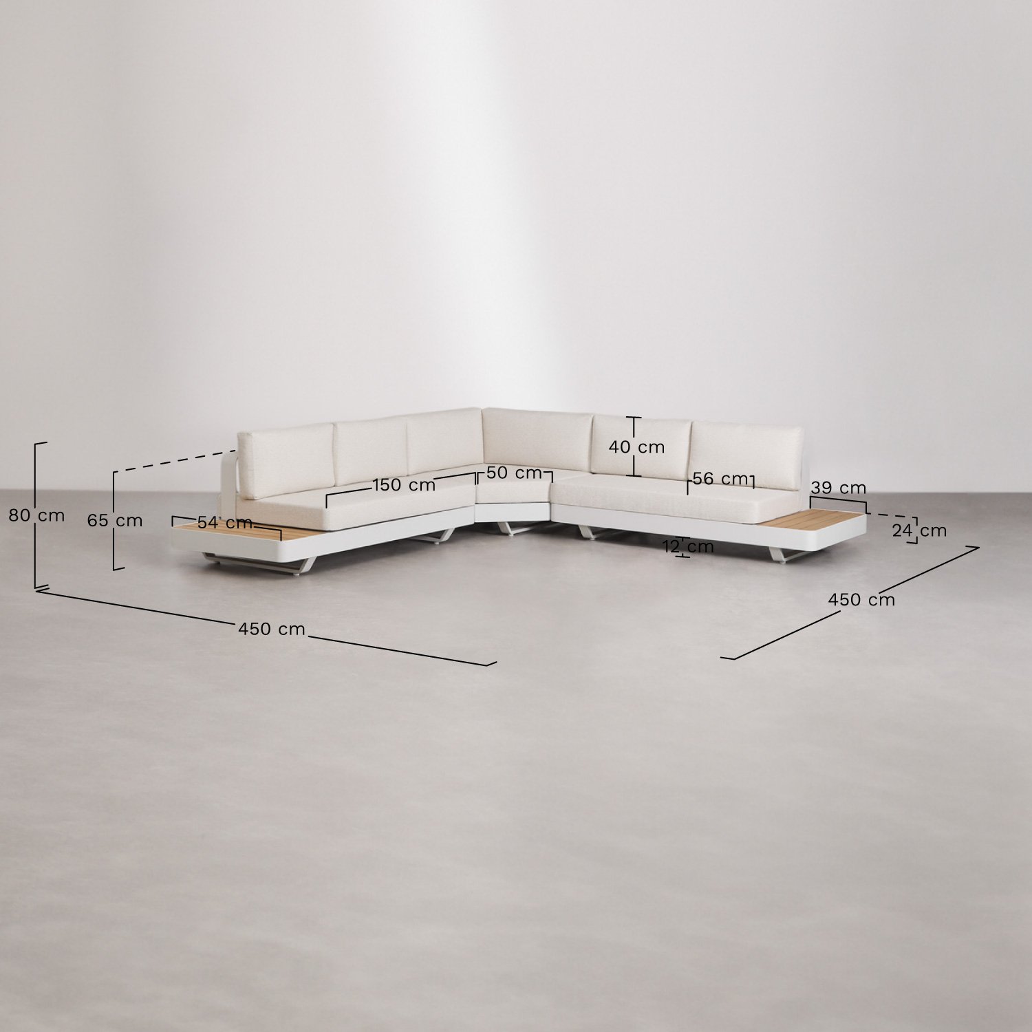 Living room set with 5-seater corner sofa and coffee table in aluminium and teak wood Yarilo, medidas