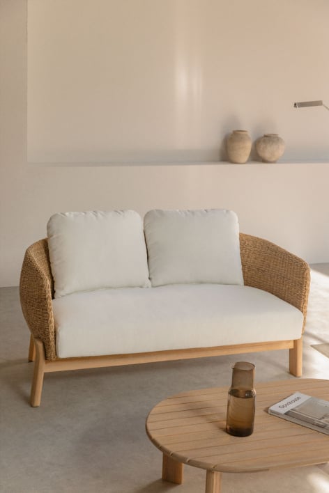 Leilan 2-seater sofa in acacia wood and synthetic rattan