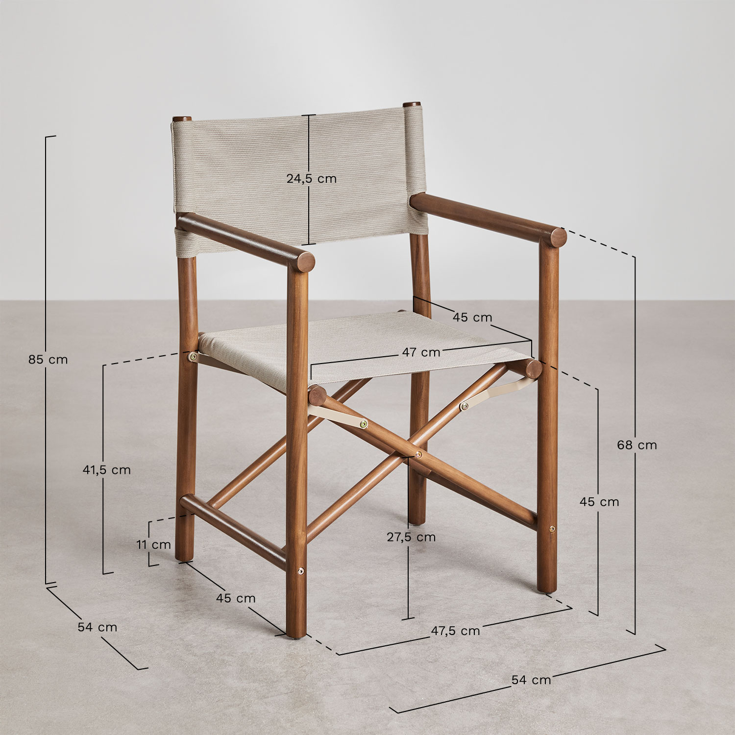 Pack of 2 folding director chairs in acacia wood Olivia, medidas