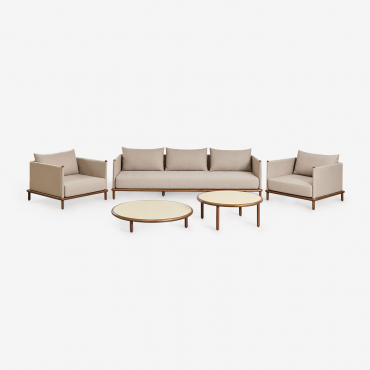 Living Room Set With 3-seater Sofa, 2 Armchairs And 2 Round Coffee Tables In Olivia Acacia Wood Beige Semoline - Sklum