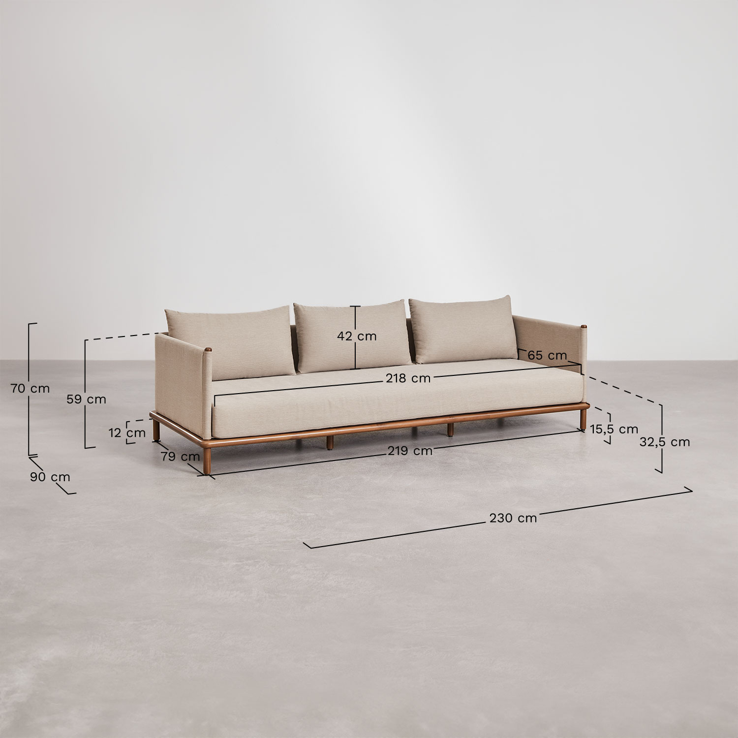 Living room set with 3-seater sofa, 2 armchairs, and 2 round acacia wood coffee tables Olivia, medidas