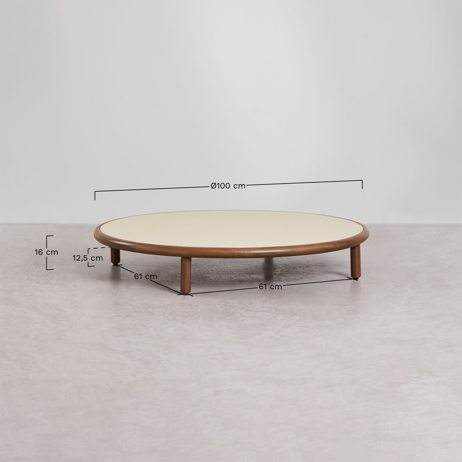 Living room set with 3-seater sofa, 2 armchairs, and 2 round acacia wood coffee tables Olivia, medidas