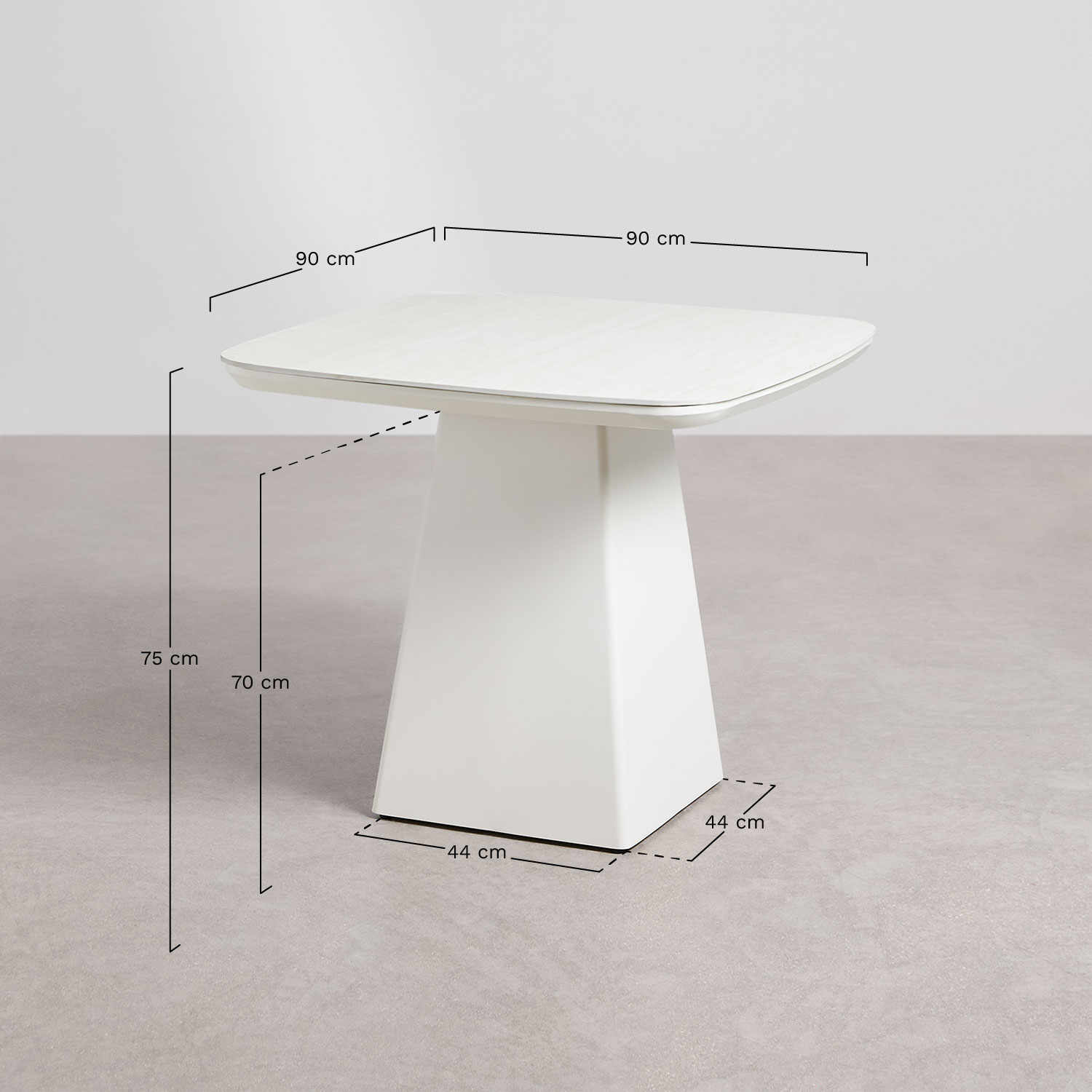 Square garden table 90x90 cm in sintered stone and Inkeri aluminium, medidas