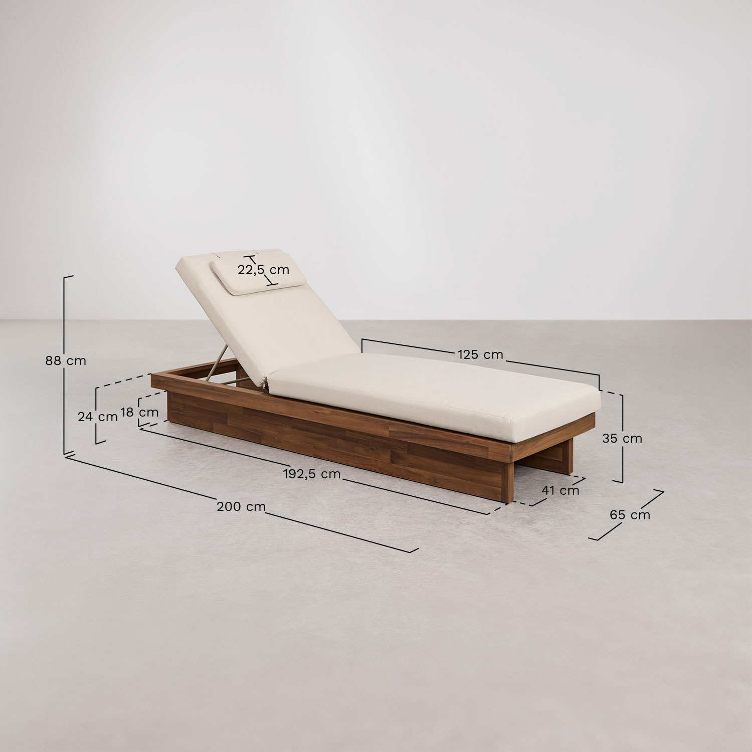 Reclining lounger in acacia wood with Dailin cushion, medidas