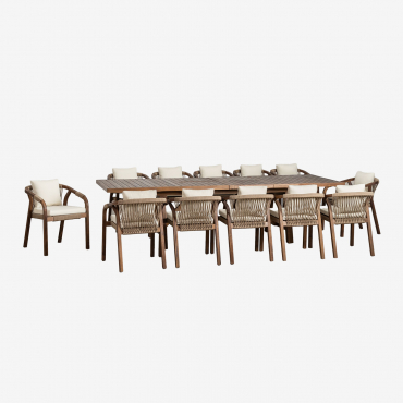 Extendable Rectangular Table Set 200-260-320x100 Cm And 12 Dining Chairs With Armrests In Dubai Acacia Wood Gardenia White & Dark Acacia Brown - Sklum