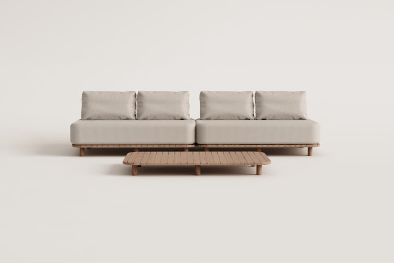 Garden set with 2-piece modular sofa and coffee table in Portet acacia wood