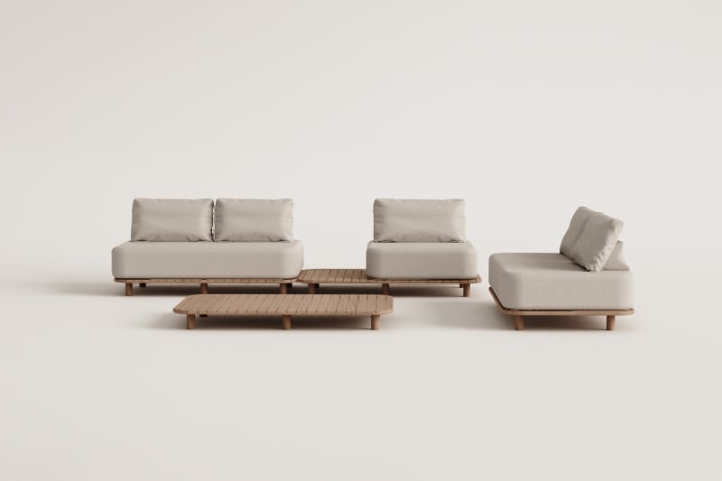 Garden set with 2-piece modular sofa and side table, 2-seater sofa and coffee table in Portet acacia wood