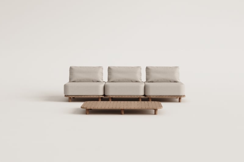 Garden set with 3-piece modular sofa and coffee table in Portet acacia wood