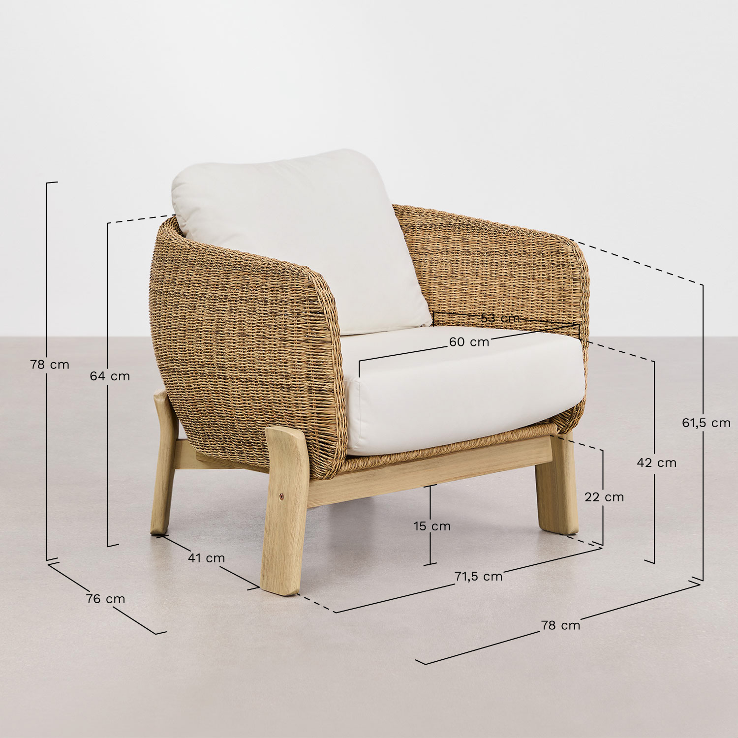 Leilan acacia wood and synthetic rattan armchair, medidas