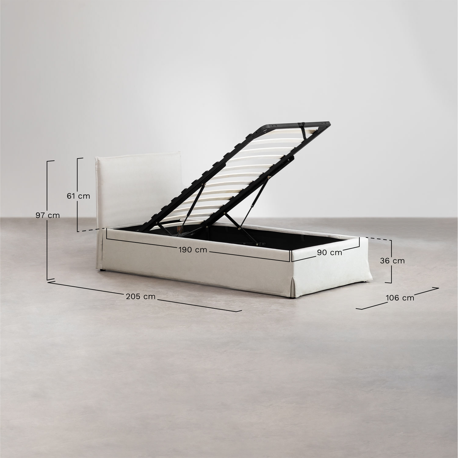 Upholstered bed with lift-up storage base Lorea, medidas