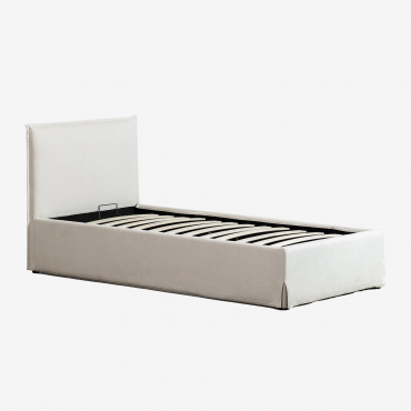 Upholstered Bed With Lift-up Storage Base Lorea Off-white Chenille & 90 X 190 Cm & No Mattress - Sklum
